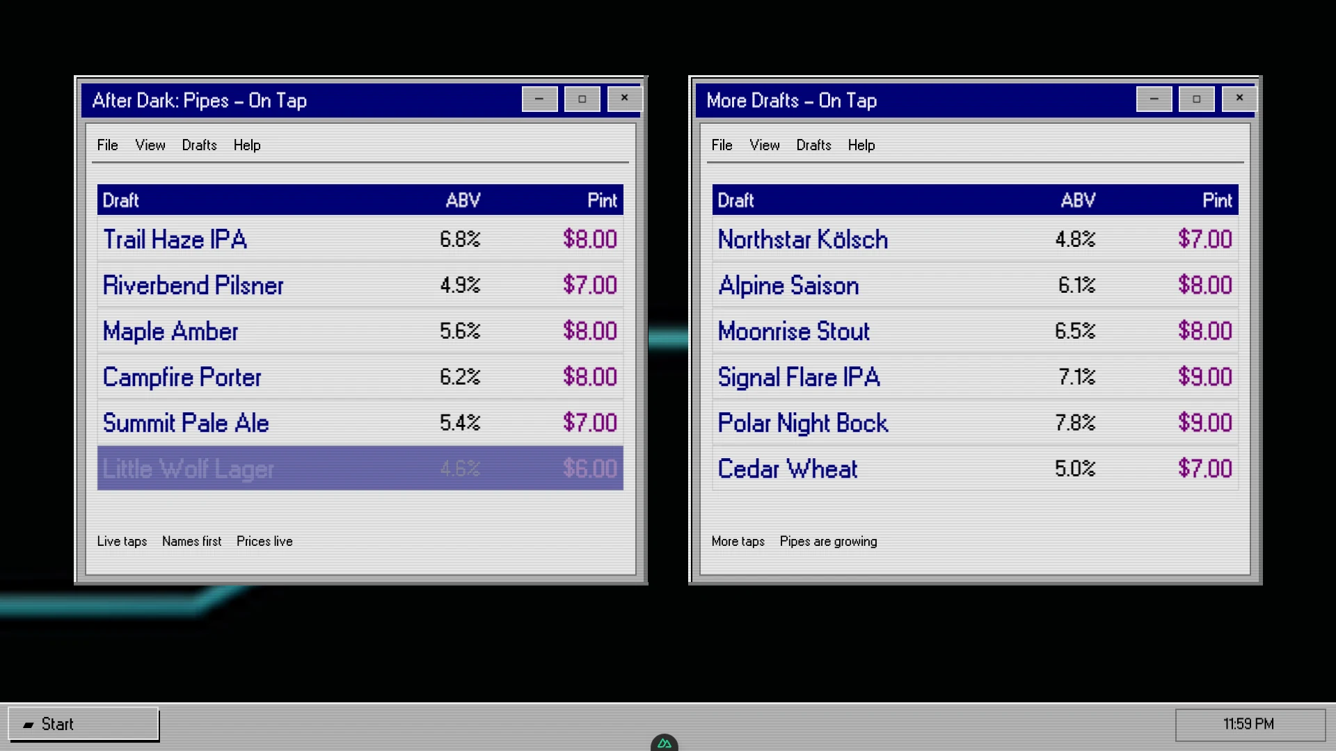 Windows 95 style beer menu with animated Pipes backdrop