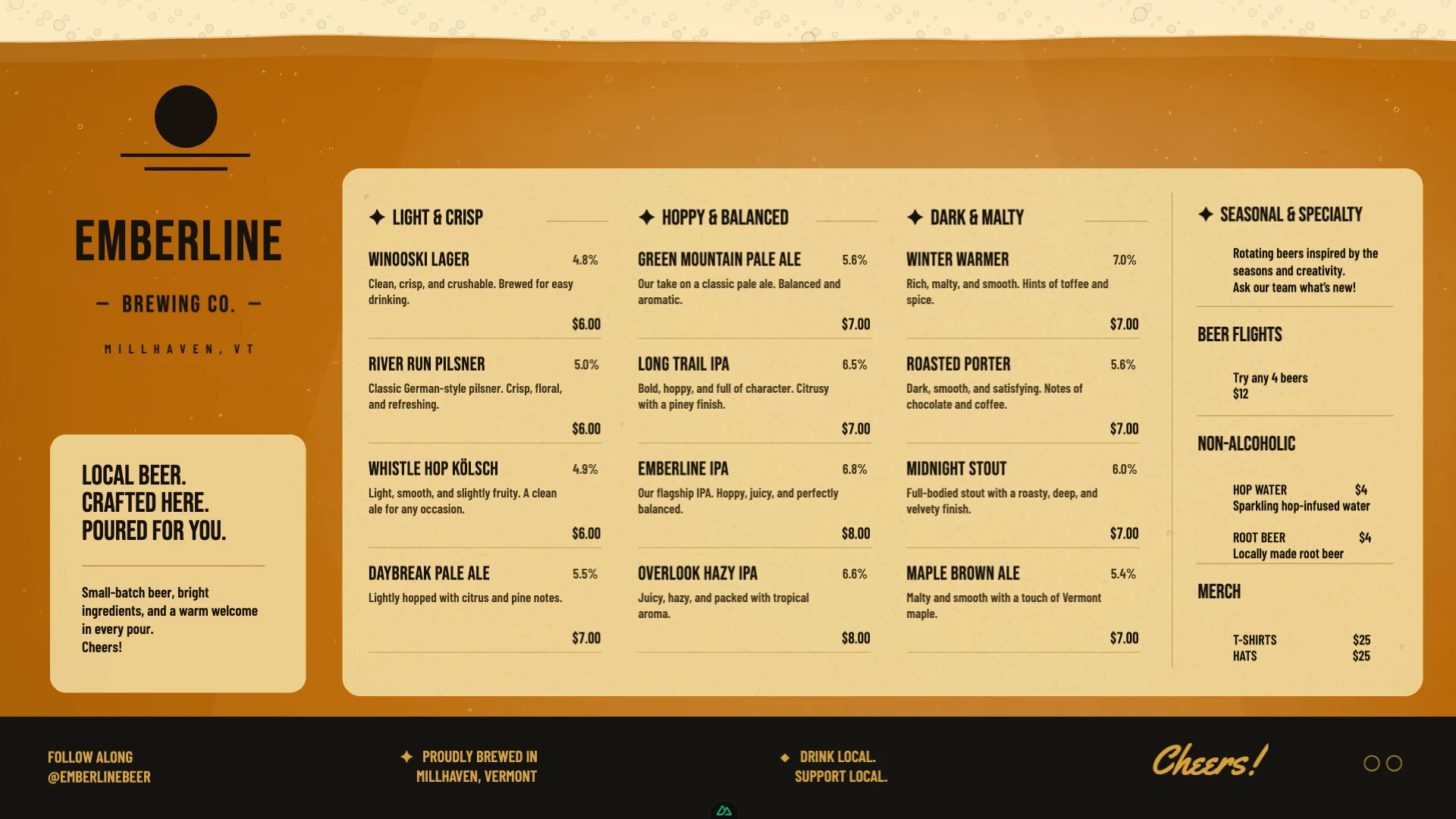 Amber photographic beer menu with living foam and carbonation