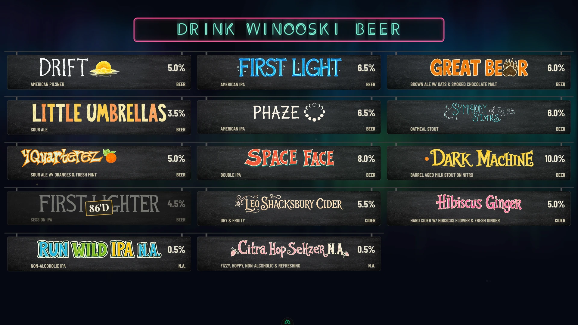 Default Four Quarters Brewing menu with neon sign and product artwork