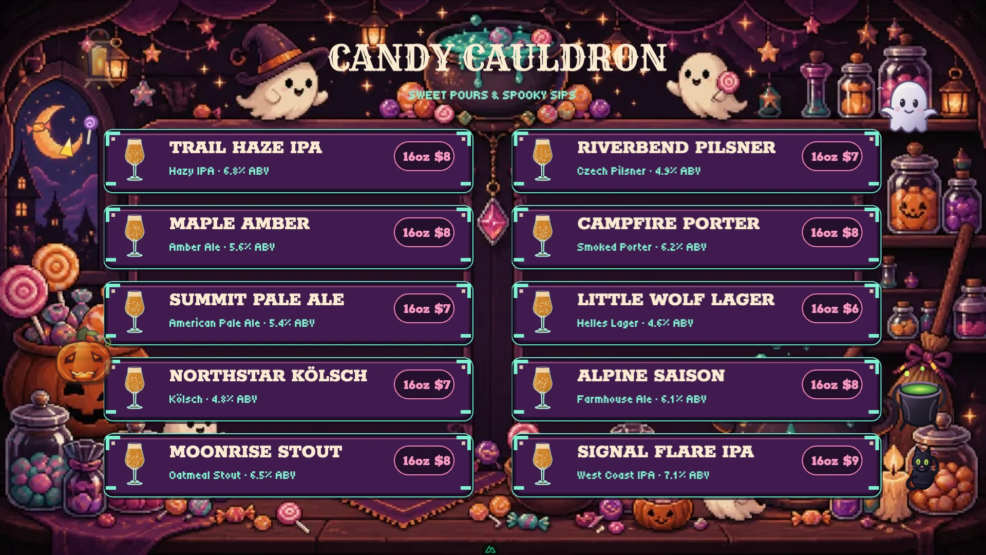 Cute Halloween candy shop menu with friendly ghosts and magical cauldrons