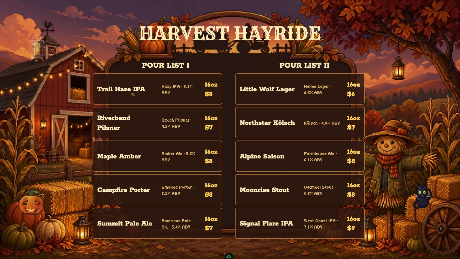 Warm autumn farm menu with hay bales, pumpkins, and a scarecrow
