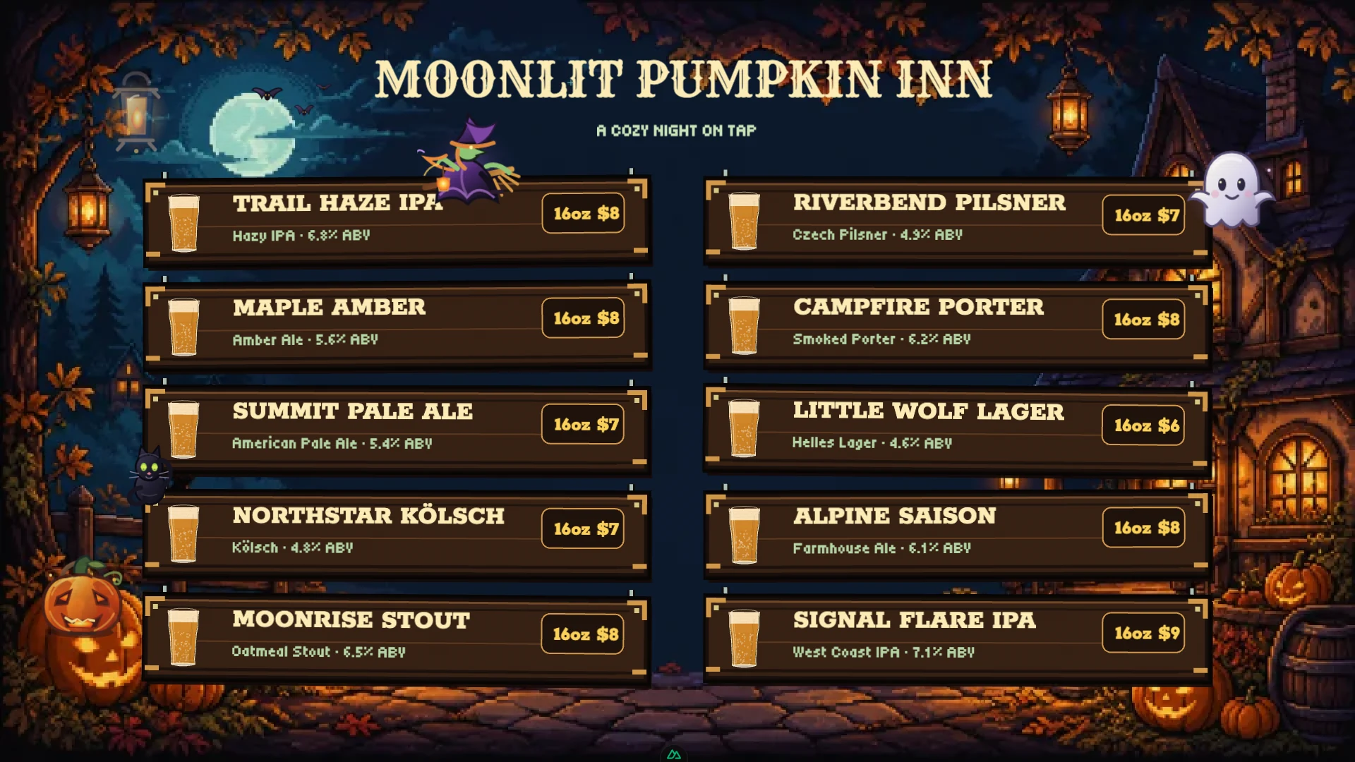 Cozy moonlit Halloween menu with pumpkins, a black cat, and a woodland inn