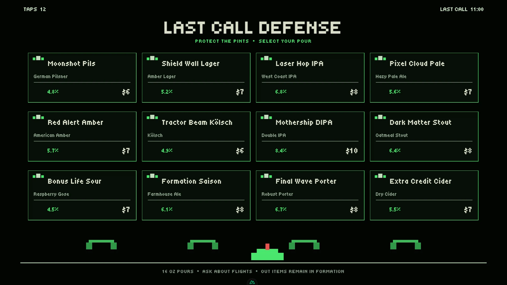 Green phosphor Space Invaders inspired beer menu with a moving cannon