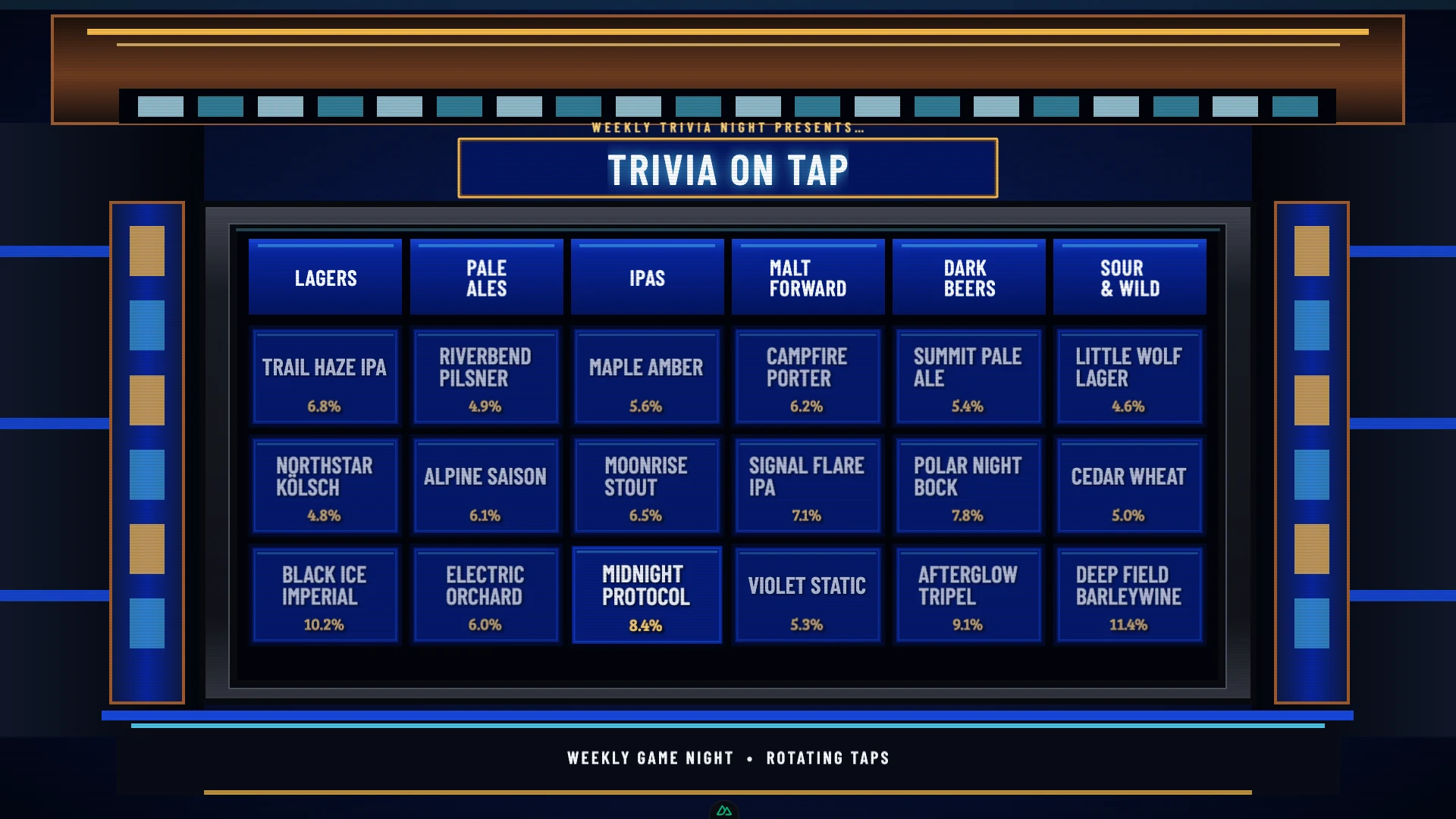 Blue and gold Trivia Night beer menu board