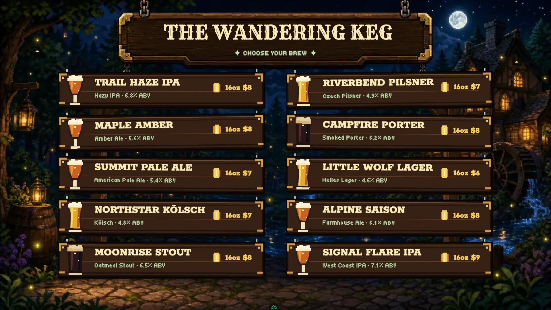 The Wandering Keg pixel-art beer menu at night